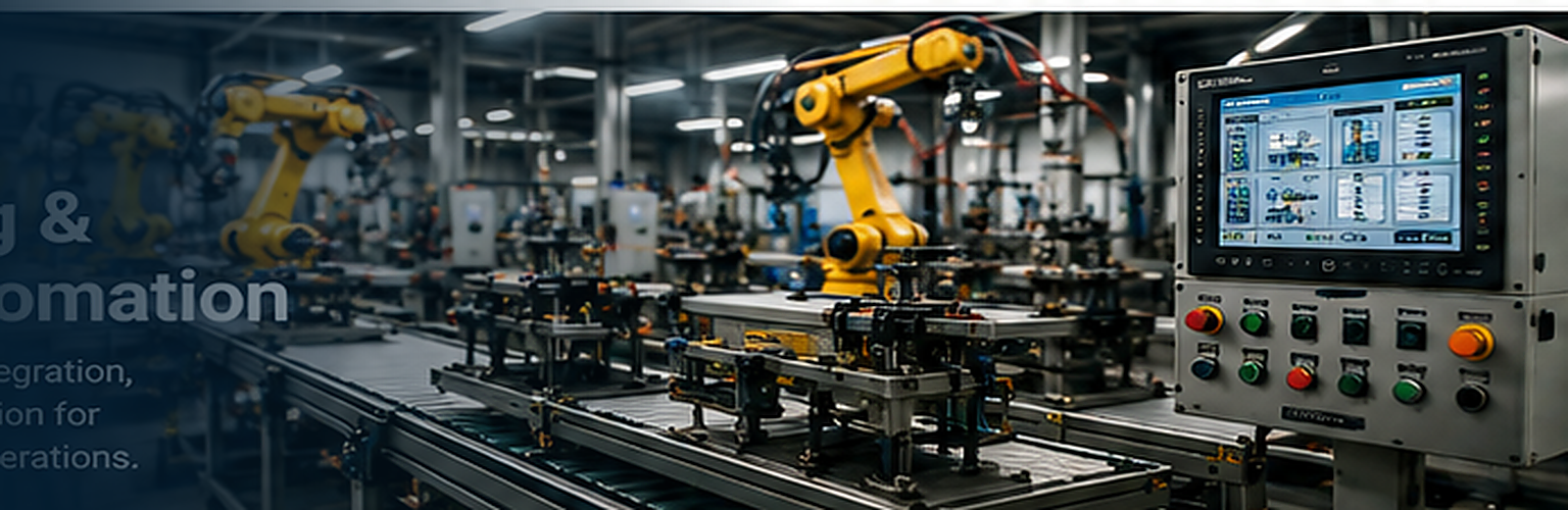 Industrial manufacturing and assembly line with automated equipment, conveyors, controls, and production machinery