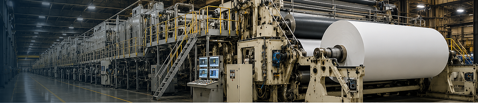 Paper and pulp manufacturing line with process equipment, drives, rollers, and industrial controls