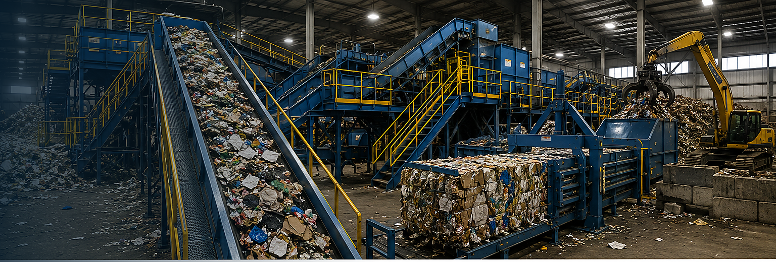 Industrial recycling and material-processing facility with conveyors, sorting equipment, and balers