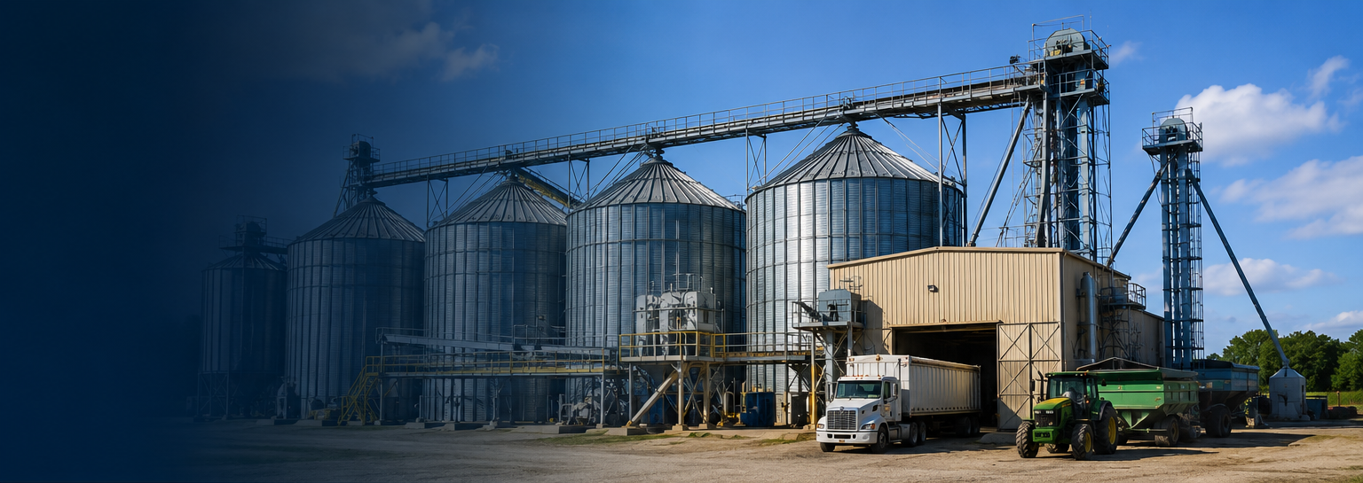 Seed processing facility with grain handling equipment, conveyors, storage bins, and process automation