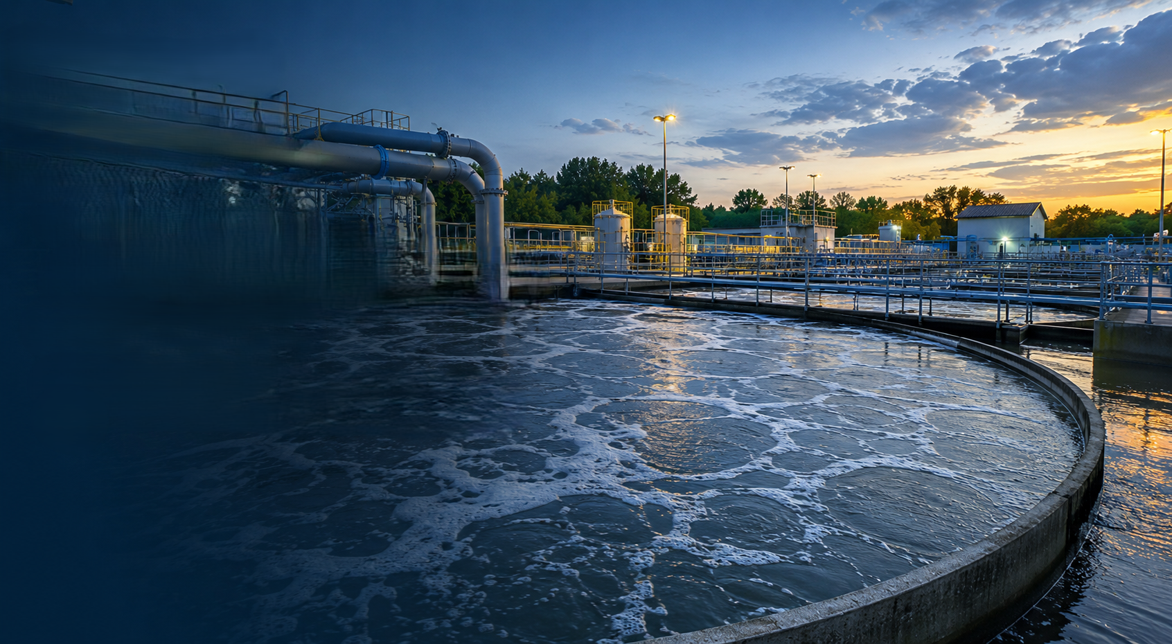 Municipal wastewater treatment facility with aeration basins, process piping, and treatment equipment