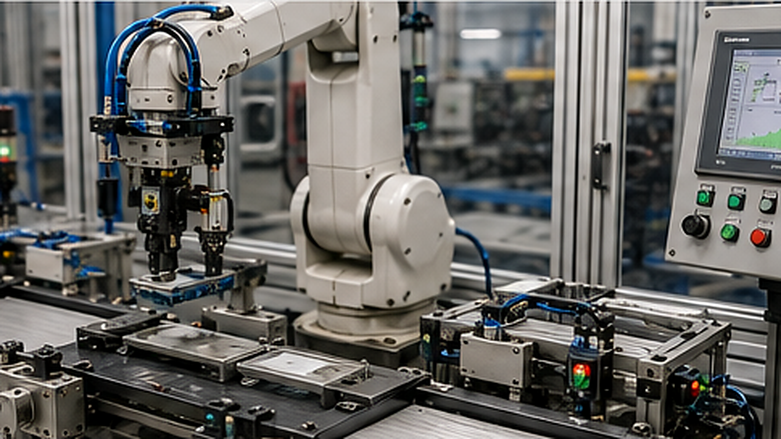 Automated manufacturing assembly cell with material handling, fixtures, sensors, and inspection equipment