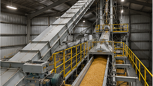 Grain handling conveyors, bucket elevators, bins, and automated routing controls