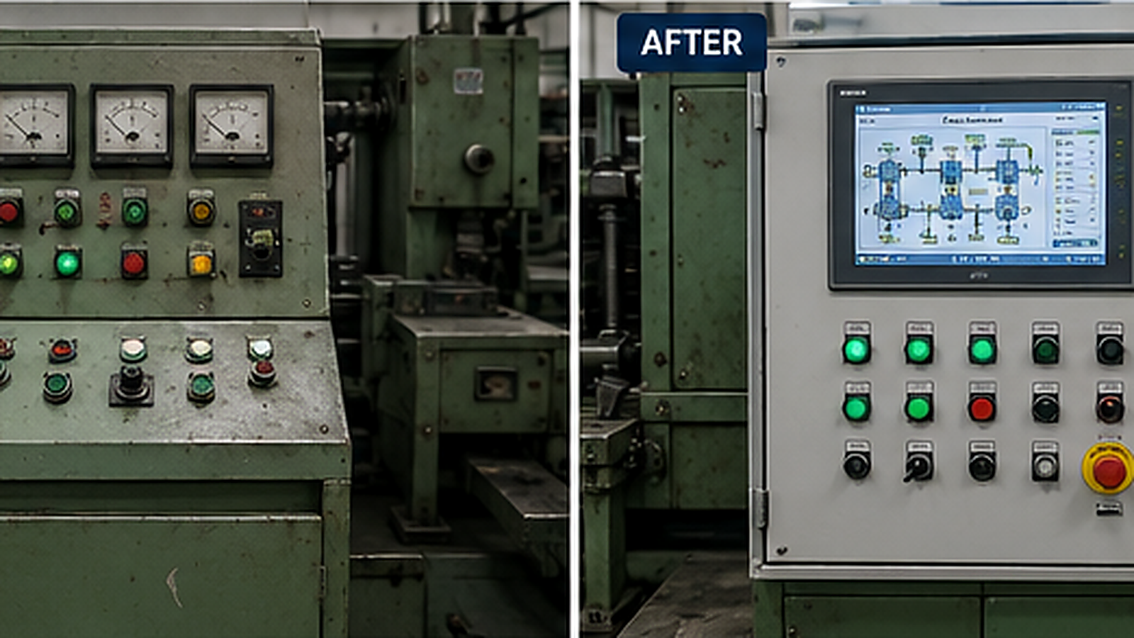 Existing industrial manufacturing machine upgraded with a modern control panel, PLC, HMI, and drives