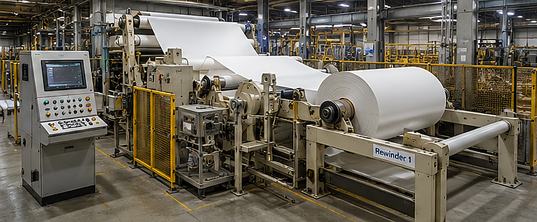 Paper web handling, rewinder, slitter, and finishing-line equipment
