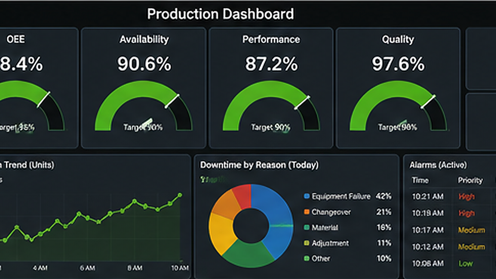 Manufacturing production dashboard with throughput, downtime, quality, alarms, and equipment status