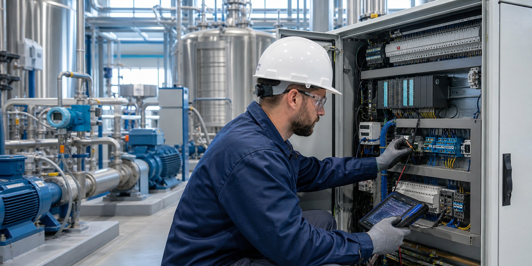 BEA field engineer troubleshooting an industrial automation control cabinet